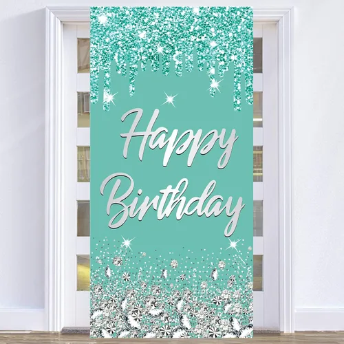 Cartel para puerta de cumpleaños color verde azulado, 72.8 x 35.4 pulgadas, azul y plateado, impresión de letras, plegable, ligero, montaje en