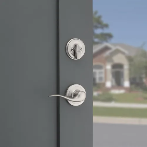Miniatura 3 de Kwikset Prescott - Juego de manija y cerrojo de puerta delantera, manija de entrada exterior con palanca reversible interior, níquel satinado
