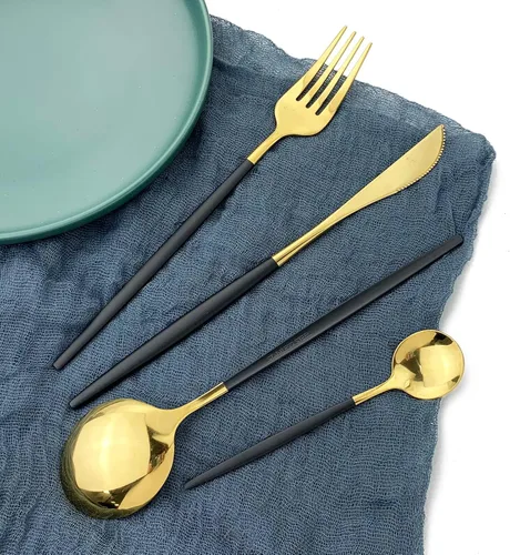 Miniatura 4 de Juego de cubiertos dorados con mango negro, 24 piezas de acero inoxidable brillante, cubiertos para 6, aptos para lavavajillas