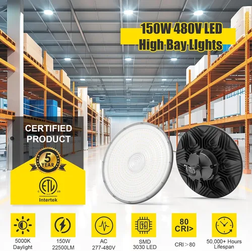 Miniatura 2 de BBESTLED Luz LED UFO de 480 V de alta bahía – 150 W/100 W/80 W de potencia ajustable, 22500 lm 5000 K ultra brillante, 0-10 V regulable, iluminación