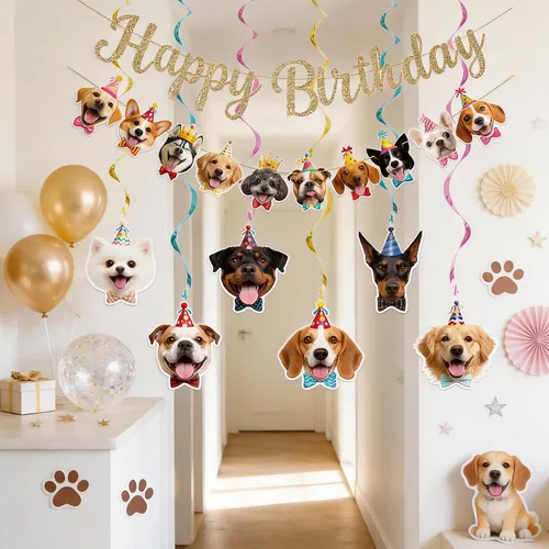 Miniatura 7 de Alynta Cartel de feliz cumpleaños con texto en inglés "Dog Happy Birthday", decoración de fiesta de cumpleaños con purpurina dorada NO DIY, cartel