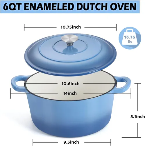 Miniatura 3 de TeamFar 6QT Horno Holandés con Tapa, Olla de Cocina de Hierro Fundido Esmaltada Antiadherente para Guisar, Hornear, Brasear, Apto para Varias Azul