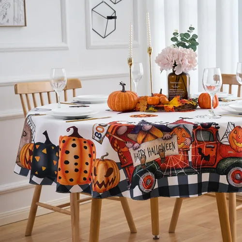 Miniatura 20 de Mantel Redondo de 60 Pulgadas Rojo Marrón a Cuadros de Cosecha - Mantel de Poliéster de Invierno a Cuadros Gingham de Navidad Cubierta de Mesa