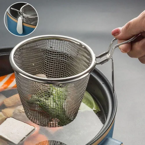 Miniatura 5 de Vctitil Cesta para freír de acero inoxidable, malla de alambre fino, colador de alimentos, pequeña sartén caliente, filtro de tamiz para albóndigas