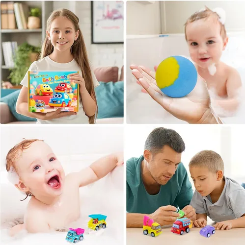 Miniatura 3 de Bombas de baño para niños con juguetes sorpresa en el interior, paquete de 6 bombas de baño de regalo con vehículos de tracción trasera, juego