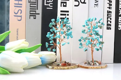 Miniatura 2 de QINJIEJIE Árbol de la vida de cristal turquesa, cristales curativos, decoración de piedra natural, árbol del dinero, piedra preciosa, ágata, base