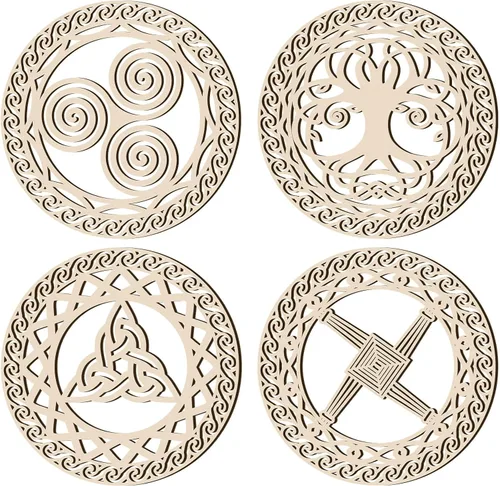 Miniatura 8 de Peryiter Decoración de pared de símbolo celta, 4 piezas de nudo de cruz celta, símbolo de triple espiral, letrero de madera, arte de pared sagrado
