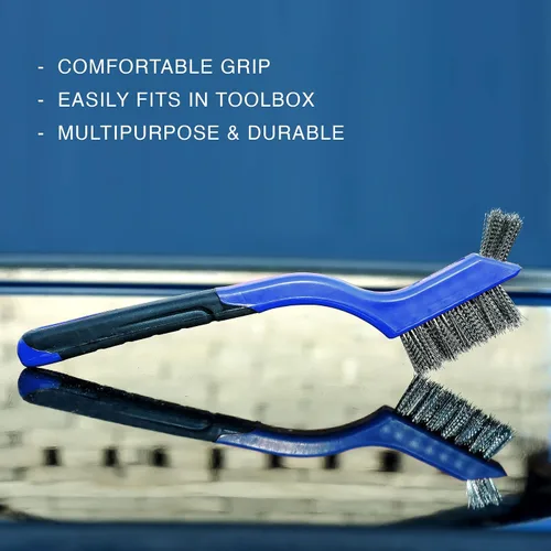 Miniatura 5 de Lavaxon Juego de 3 cepillos de alambre, cerdas de nailon/latón/acero inoxidable con mango curvado para óxido, suciedad y limpieza profunda, 7 Azul