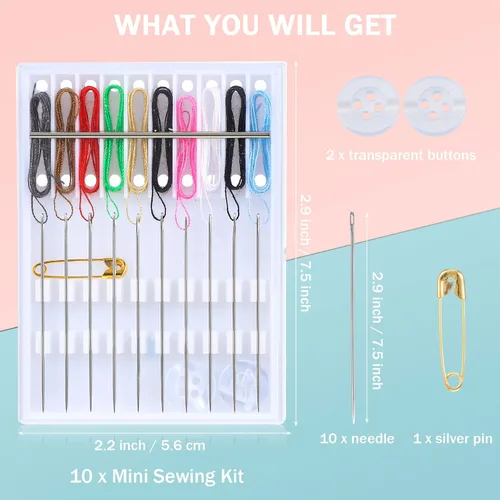 Miniatura 2 de MTLEE 14 cajas, 140 piezas Mini kit de costura de arreglo rápido fácil aguja pre-enhebrada kit personal básico soporte de aguja enhebrada