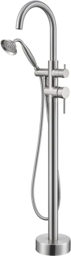 Wowkk Llave de tina independiente Llave de tina de níquel cepillado montado en el piso Llaves de tina de latón para baño con ducha de mano