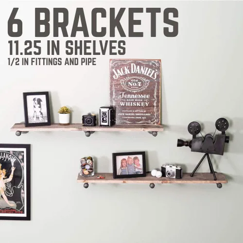 Miniatura 2 de Pipe Decor Soportes industriales para estantes – Juego de dos, accesorios industriales de acero gris hierro, bridas y tubos para estantes flotantes