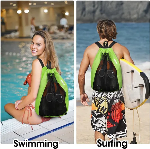 Miniatura 8 de WANDF Bolsa de Natación Mochila de Malla con Cordón Mochila de Playa para Natación, Gimnasio y Equipo de Entrenamiento Verde Fluorescente
