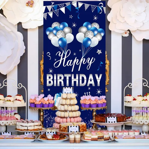 Miniatura 3 de Turypaty Cartel de feliz cumpleaños azul plateado para puerta para hombres y niños, suministros de fiesta de cumpleaños 16, 21, 30, 40, 50, 60
