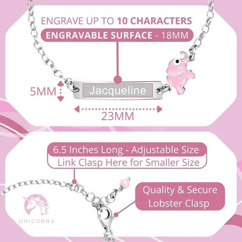 Miniatura 2 de UNICORNJ Pulsera de plata de ley 925 grabable con cadena Rolo para niñas con esmalte rosa de 6.5 pulgadas