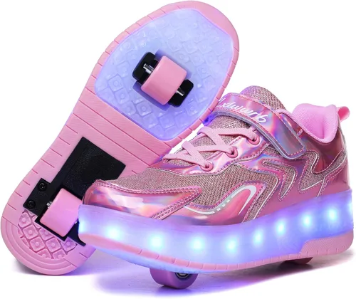 Miniatura 5 de Wooowyet - Tenis con ruedas y luces LED para niños y niñas, con ruedas, USB recargable, cierre de gancho y bucle