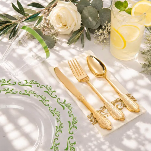 Miniatura 4 de PULOTE 175 platos de plástico verde – Plástico transparente con borde verde desechable – Incluye 25 platos de cada uno (cena y postre), 75
