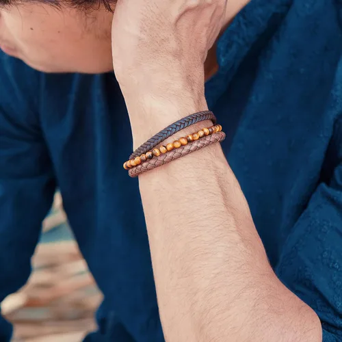 Miniatura 34 de RTZN® Brown Leather Bracelet for Men – Premium Artisan Handcrafted Mens Leather Bracelet – Multi-Stand Mens Bracelet Leather Collection Beaded