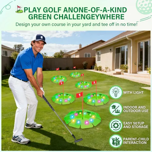 Miniatura 2 de TERRAMUS Juego de golf iluminado - Juego de golf para niños actualizado con 6 objetivos LED, 2 palos, 6 pelotas (2 brillan), juguetes de golf Green