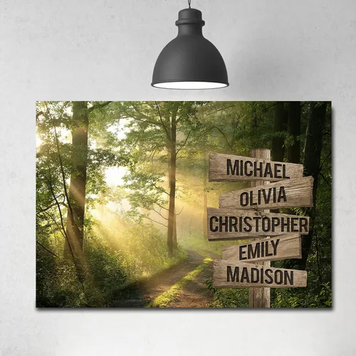 Miniatura 2 de MySoulAndSpirit Store - Lienzo personalizado con múltiples nombres de sol a través del bosque, arte de pared personalizado con nombre de la familia