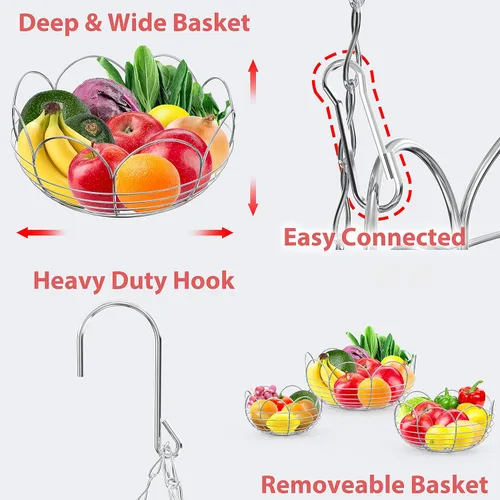 Miniatura 8 de Simple Houseware - Cesta colgante moderna para frutas de 3 niveles, cromado Cromo