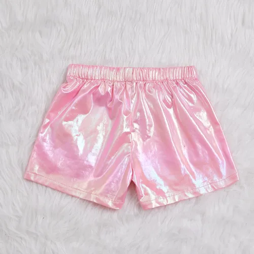 Miniatura 6 de ZYBOUTIC Pantalones cortos metálicos para niñas pequeñas, pantalones cortos brillantes de piel sintética de poliuretano, cintura elástica