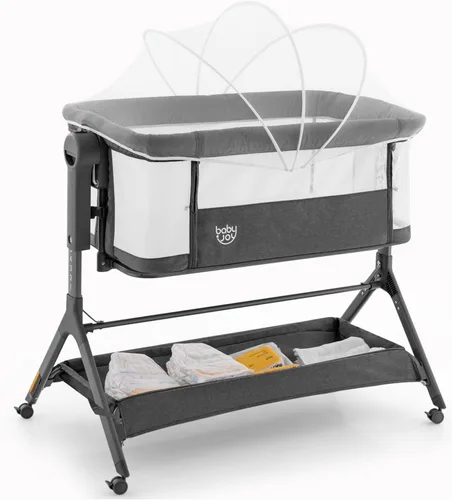 Miniatura 11 de BABY JOY Moisés para dormir junto a la cama, cuna plegable fácil con malla en todos los lados, estante de almacenamiento, 7 alturas ajustables, Negro