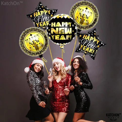 Miniatura 5 de KatchOn, Globos negros y dorados de Año Nuevo – 18 pulgadas, paquete de 5 Globos de feliz año nuevo para suministros de fiesta de Año Nuevo 2025