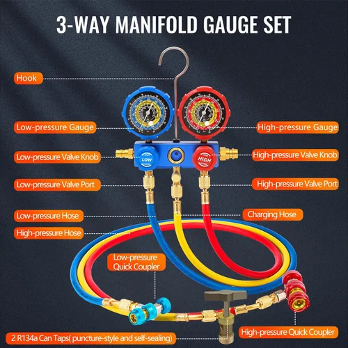 Miniatura 5 de VTG VOGTEN Bomba de Vacío AC de 4.5 CFM y Juego de Manómetros, para Mini Split, HVAC, Sistemas Automotrices, Kit de Manómetro Múltiple Compatible