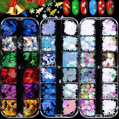 Miniatura 8 de 36 rejillas de lentejuelas para uñas de Navidad, EBANKU copos de nieve holográficos, muñeco de nieve, copos de nieve de Papá Noel, lentejuelas