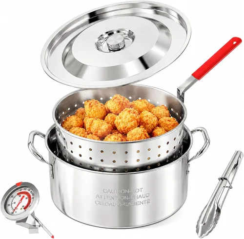 Miniatura 9 de Freidora de pescado de aluminio de 10 cuartos con cesta, freidora con tapa, termómetro, pinzas para freidora y mango de fácil agarre para cocinar