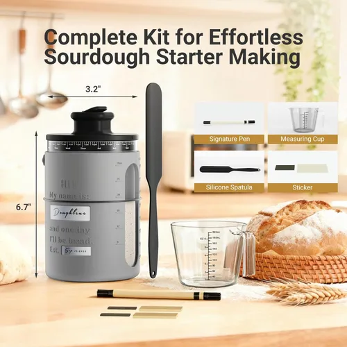 Miniatura 2 de Tarro personalizado de masa madre de vidrio de 34 oz con tapa con ventilación – Nombre y fecha personalizados – Tarro grande de vidrio de 34 oz