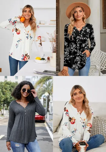 Miniatura 6 de CATHY Blusa tipo túnica de manga larga para mujer, cuello en V, con botones, informal, plisada, básica