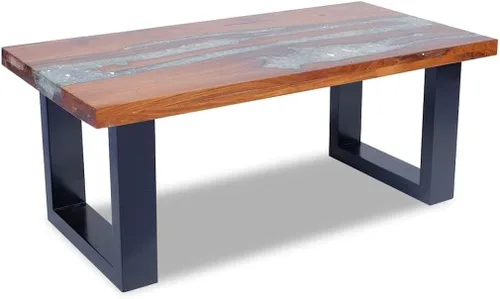 Miniatura 8 de vidaXL Mesa de centro de madera maciza de teca y mango hecha a mano con decoración de resina transparente, estilo industrial, multicolor, 39.4 x
