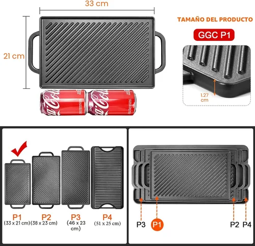 Miniatura 2 de GGC Parrilla reversible de hierro fundido, sartén de doble cara perfecta para parrillas de gas y estufas, 13 x 8.25 pulgadas rectangular