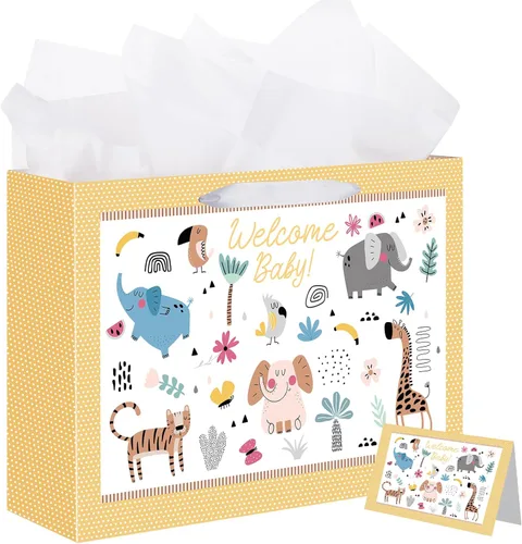 woric Bolsa de regalo de bebé de 14.5 pulgadas para baby shower con papel de seda y tarjetas de felicitación para fiestas de cumpleaños de niños y