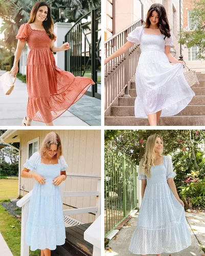 Miniatura 5 de MEROKEETY - Vestido de verano con lunares suizos para mujer vestido midi con cuello cuadrado, mangas abombadas, volados, lazo en la espalda