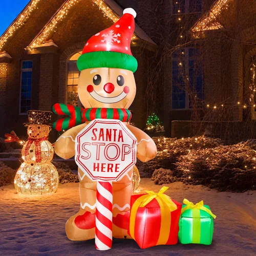 Miniatura 6 de Letrero de 7.5 pies "Santa Stop Here" Hombre de Jengibre Inflable de Navidad con Luces LED, Decoraciones Inflables para Patio Exterior, Césped