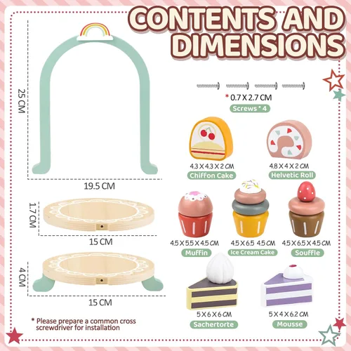 Miniatura 6 de Juego de juguetes de madera para tartas, juego de fiesta de té, juguete de comida de postres con soporte para cupcakes, accesorios de cocina