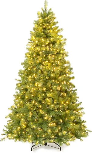GOFLAME Árbol de Navidad preiluminado de 7 pies, árbol de Navidad artificial con 700 luces LED y 1188 puntas de rama, árbol de Navidad con bisagras