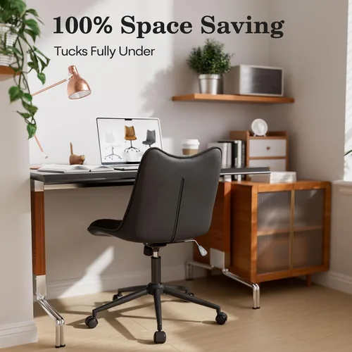 Miniatura 7 de Silla de oficina sin brazos, silla de escritorio sin brazos, silla giratoria ajustable con ruedas, tapizada de piel sintética, compacta