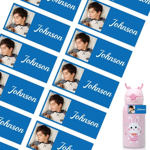 78 etiquetas personalizadas para niños con fotos impermeables, etiquetas de nombre personalizadas para suministros escolares, guardería, botellas de