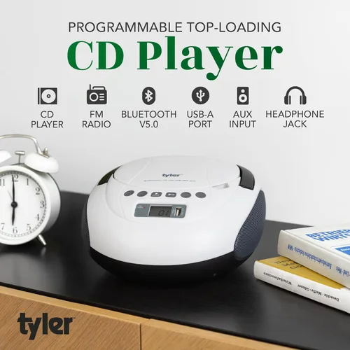Miniatura 2 de Tyler Reproductor de CD portátil Boombox con radio FM, Bluetooth y puerto USB Sonido estéreo claro Compatible con CD-R/RW y MP3 CDs Entrada
