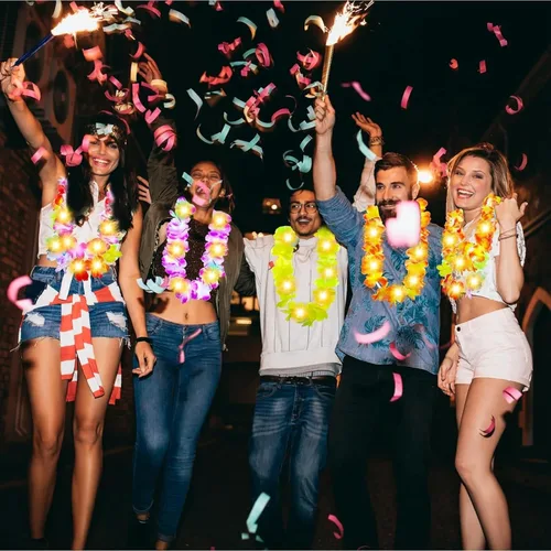 Miniatura 7 de Sherr 48 piezas Collares de flores de lei hawaianas LED con luces LED, collares de flores de Luau para fiesta temática tropical, boda en la playa
