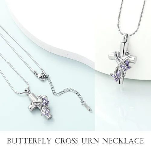 Miniatura 24 de Imrsanl Collar de urna de cruz de mariposa para cenizas, hombres y mujeres, joyería de cremación, colgante de cenizas para cenizas conmemorativas