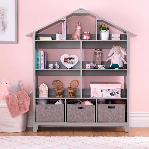 Miniatura 3 de Martha Stewart Librería de casa de muñecas de lujo para niños - Gris: estantería de madera para niños y organizador alto para libros