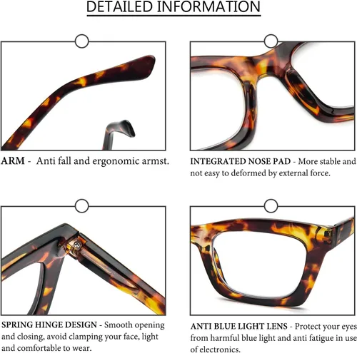 Miniatura 4 de Gafas de lectura para mujer, estilo Oprah, de gran tamaño, con bisagra de resorte cuadrada, lentes de bloqueo de luz azul