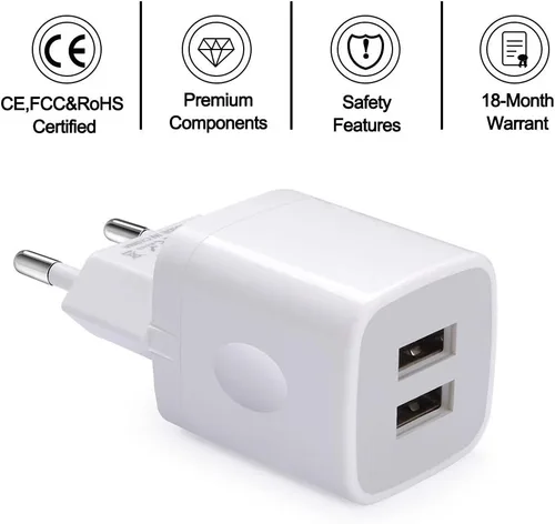 Miniatura 2 de Vifigen - Cargador de pared europeo, paquete de 2 unidades USB 2.1AMP universal Europa cargador enchufe de doble puerto compatible con iPhone 17 16