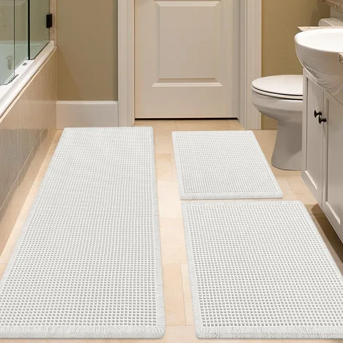 Miniatura 92 de IM HOME Tapete de baño de punto gofre, color caqui, de 24 x 17 pulgadas, tejido bohemio, moderno, absorbente, antideslizante, suave, lavable
