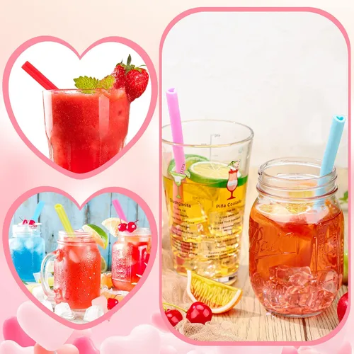 Miniatura 4 de Jutom Paquete de 25 pajitas en forma de corazón de San Valentín de 9.8 pulgadas reutilizables de silicona con 2 cepillos de limpieza para regalos