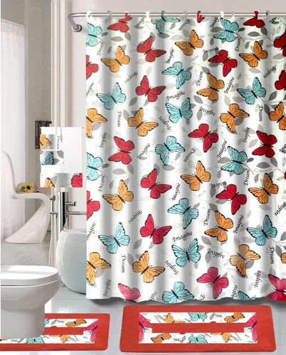 Juego completo de baño de 15 piezas con diseño impreso, varios colores, decoración de baño con cortina de ducha, con ganchos y alfombras matemáticas